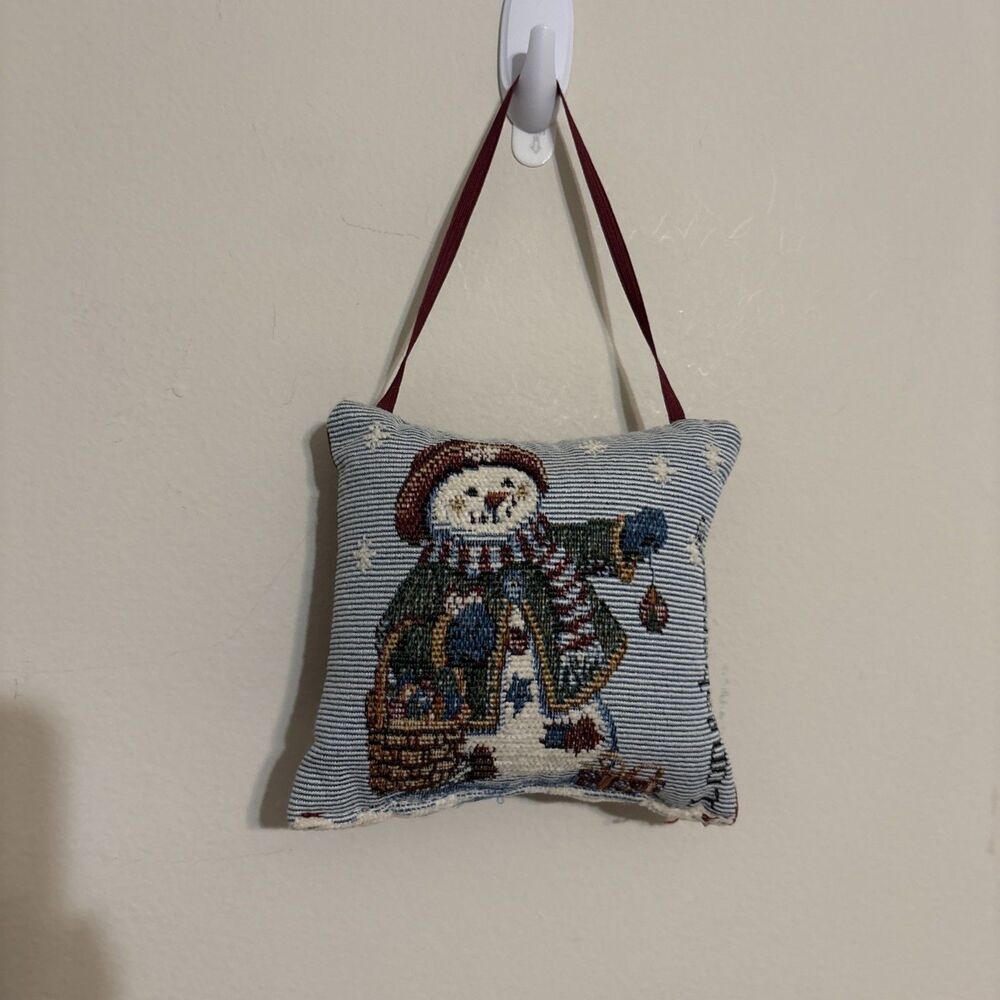 Longaberger Blue Tapestry Snowman 5 1/2" Christmas Ornament Doorknob Pillow